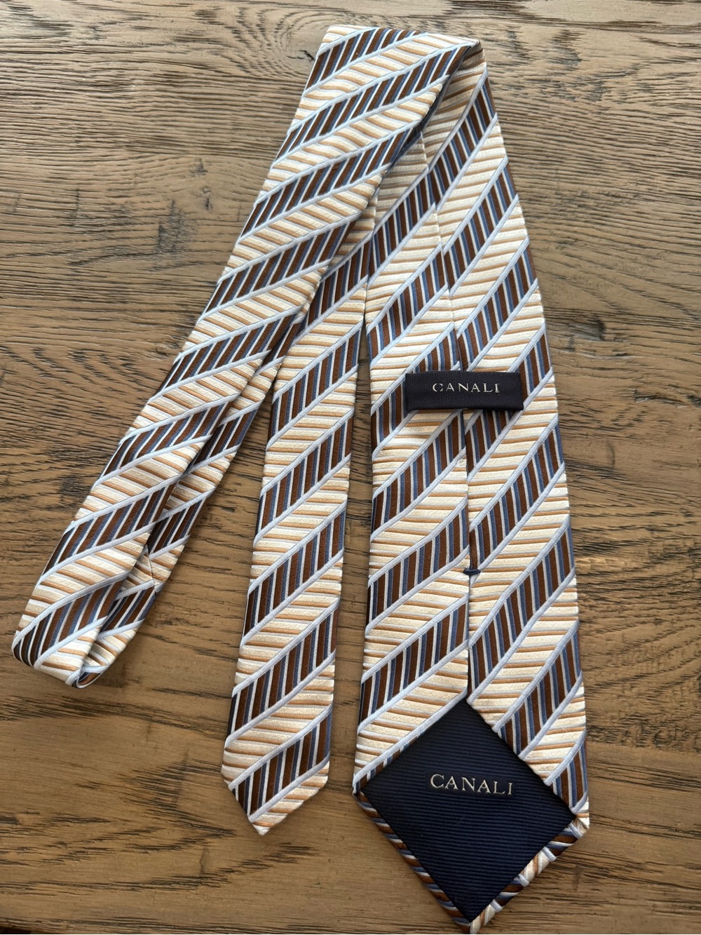 Canali Cream and Brown Diagonal Chevron Silk Tie